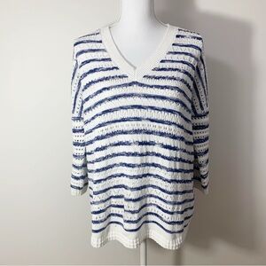 CAbi Style 6178 White and Blue V-Neck Oversized Sweater